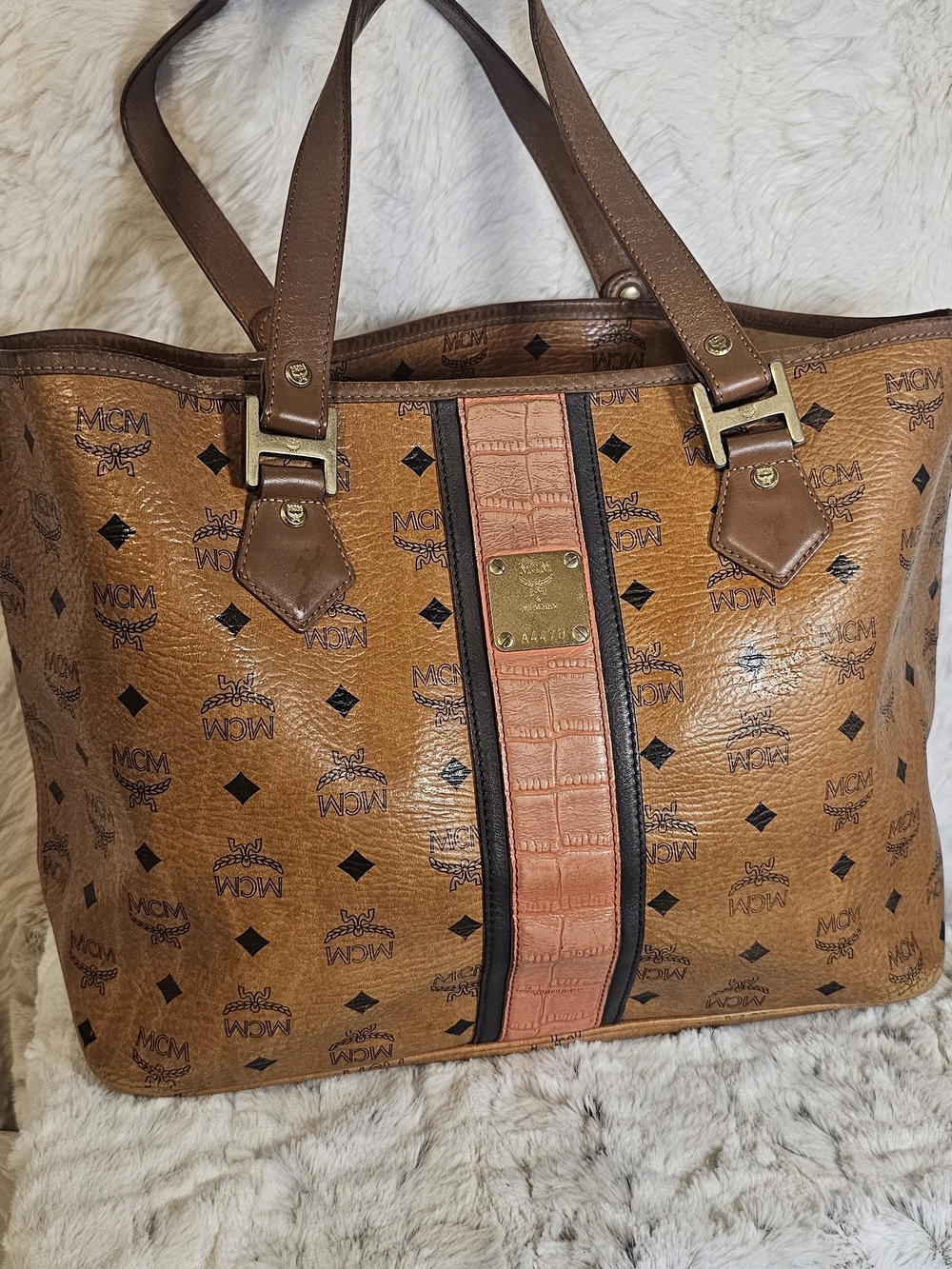 MCM Cognac Monogram Tote with Pink Center Stripe - Picture 4 of 16